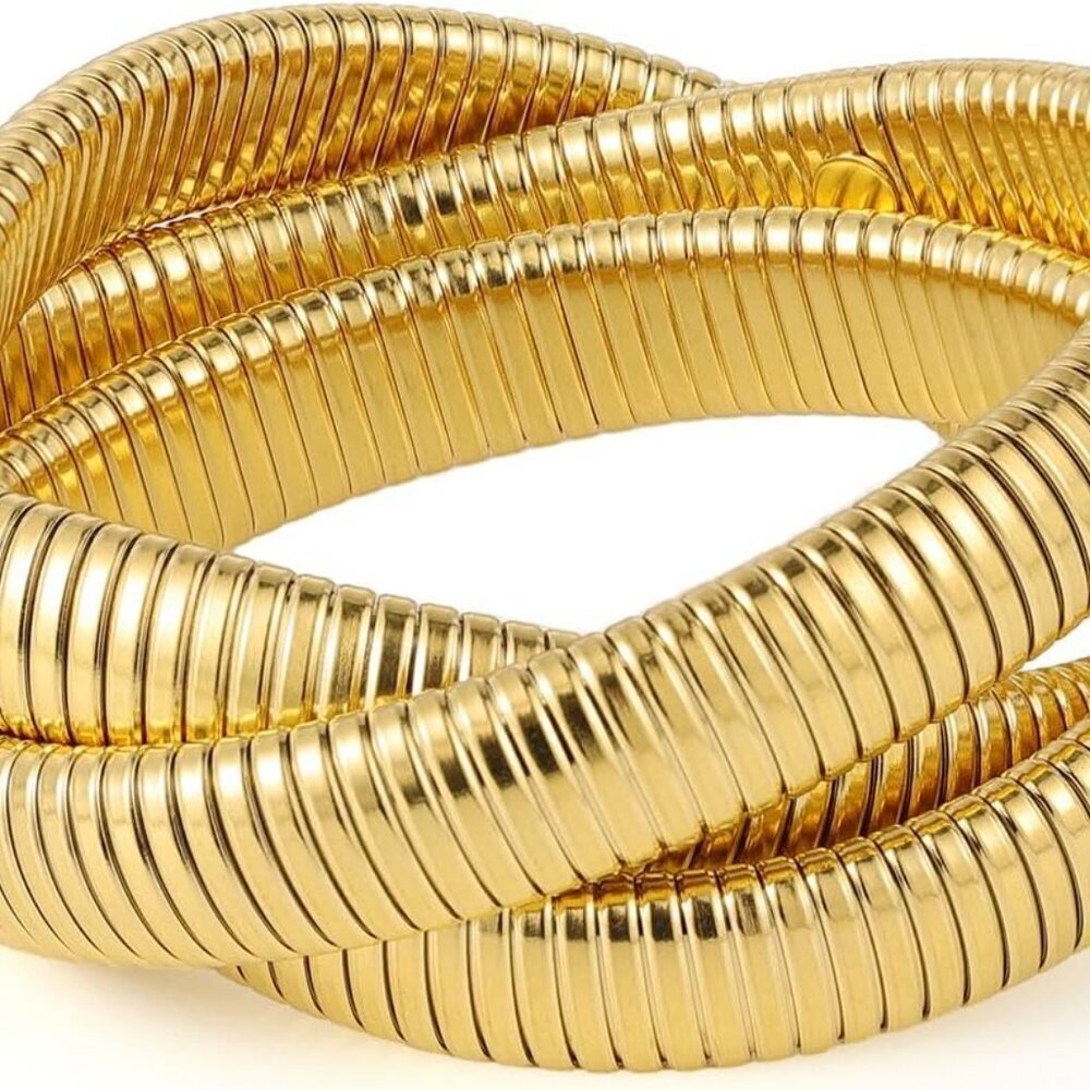 Gold Bangles Bracelet Set for Women, 18K Gold Plated Chunky Stainless Steel Non